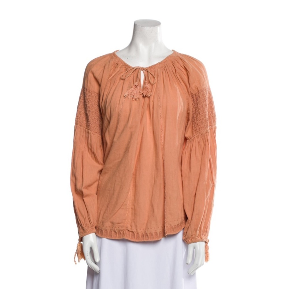 Doen Medium Peasant Style  Blouse Top gathered neckline embroidered Tassels